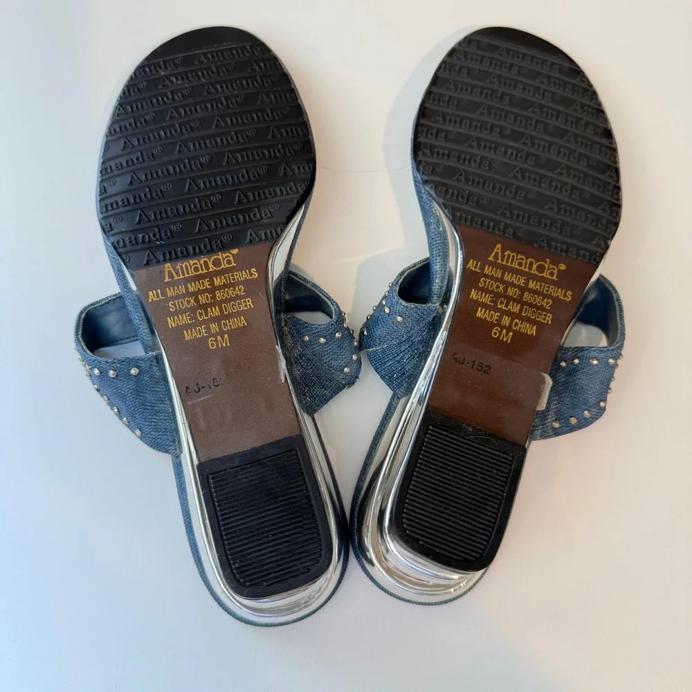 Amanda Clam Digger Blue Denim Studded Rhinestone Chrome Wedge Sandals Womens 6M